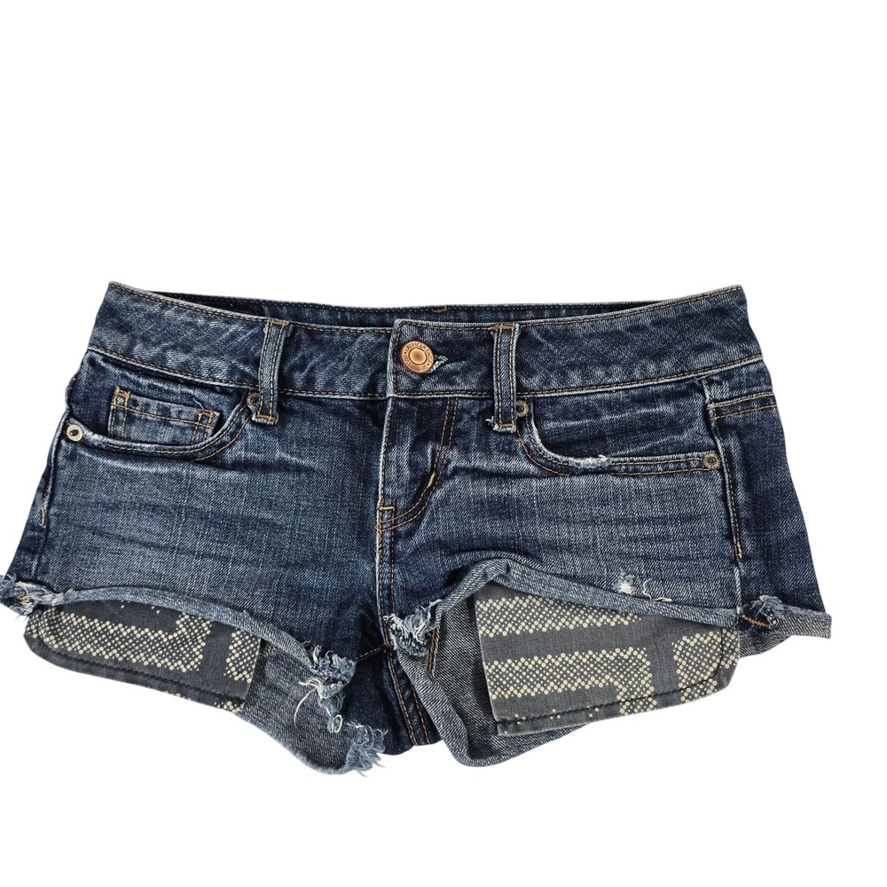 American Eagle Womens 00 Dark Wash Distressed Cut Off Denim Shorts Patterned